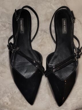 Nine West Black Pointed Patent Slingback Flats